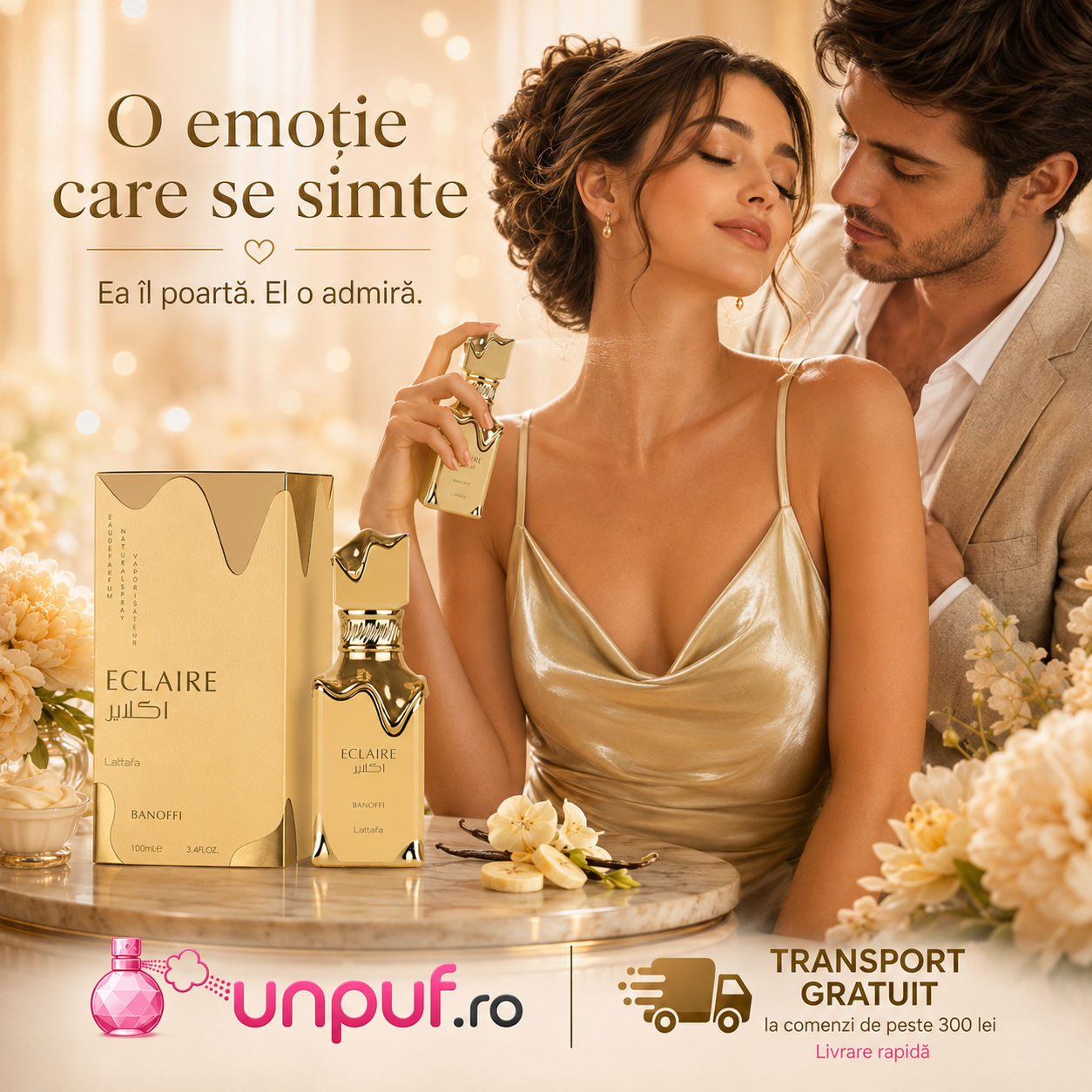 Eclaire Banoffi Lattafa parfum arabesc gurmand cu banană, caramel, frișcă, vanilie, pralină, biscuit și mosc